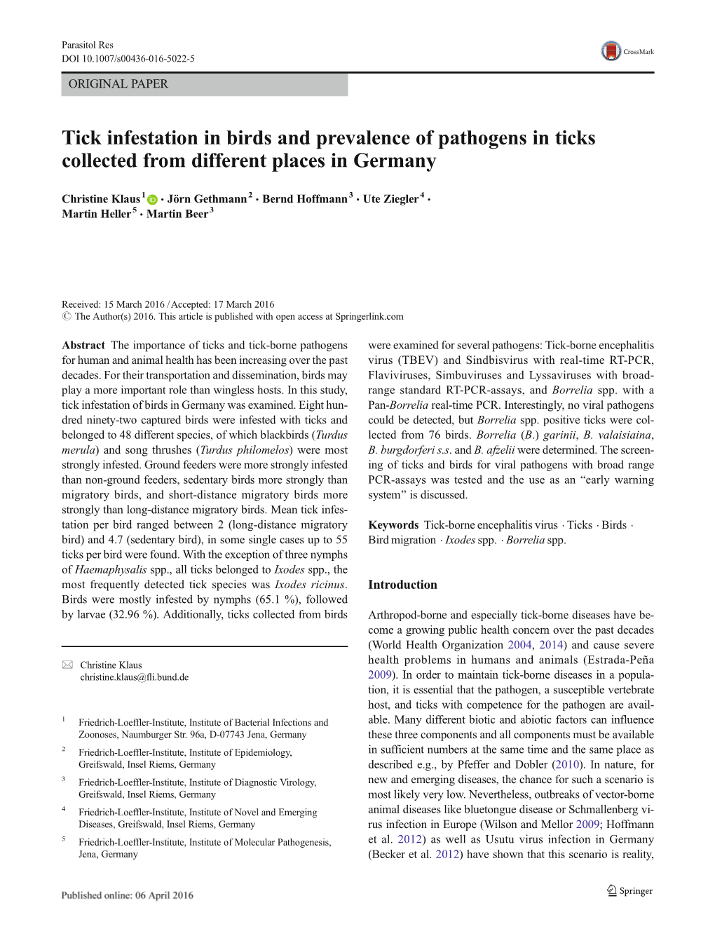 Tick Infestation in Birds and Prevalence of Pathogens in Ticks Collected from Different Places in Germany