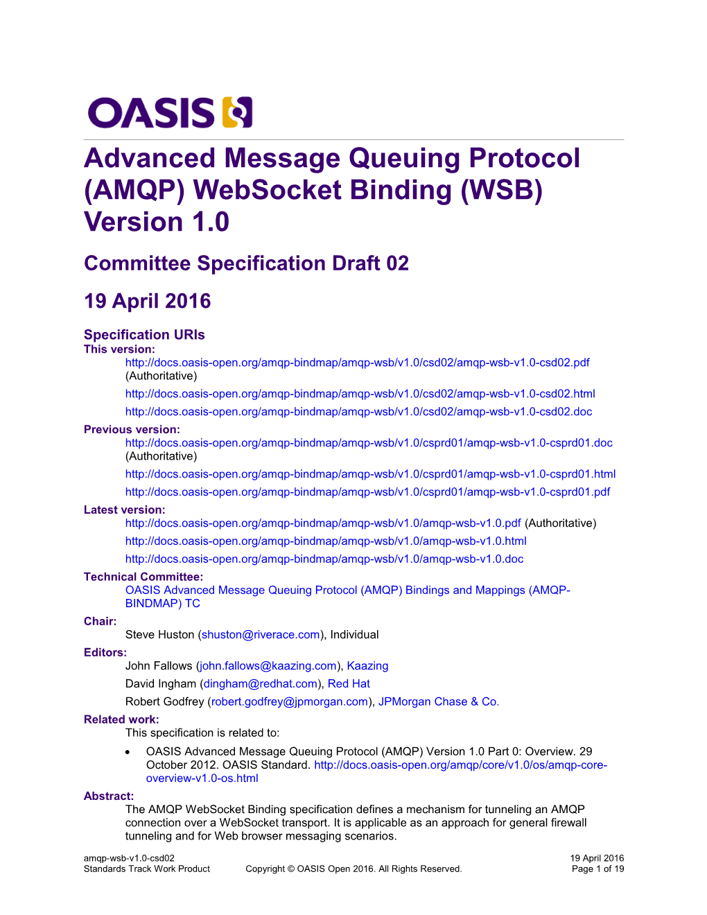 Advanced Message Queuing Protocol (AMQP) Websocket Binding (WSB) Version 1.0