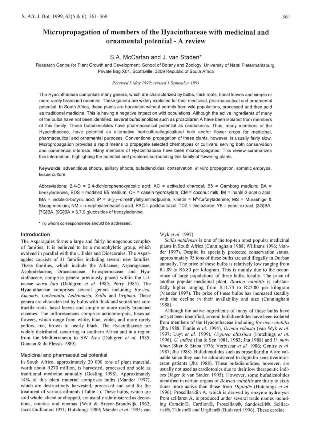 Micropropagation of Members of the Hyacinthaceae with Medicinal and Ornamental Potential- a Review