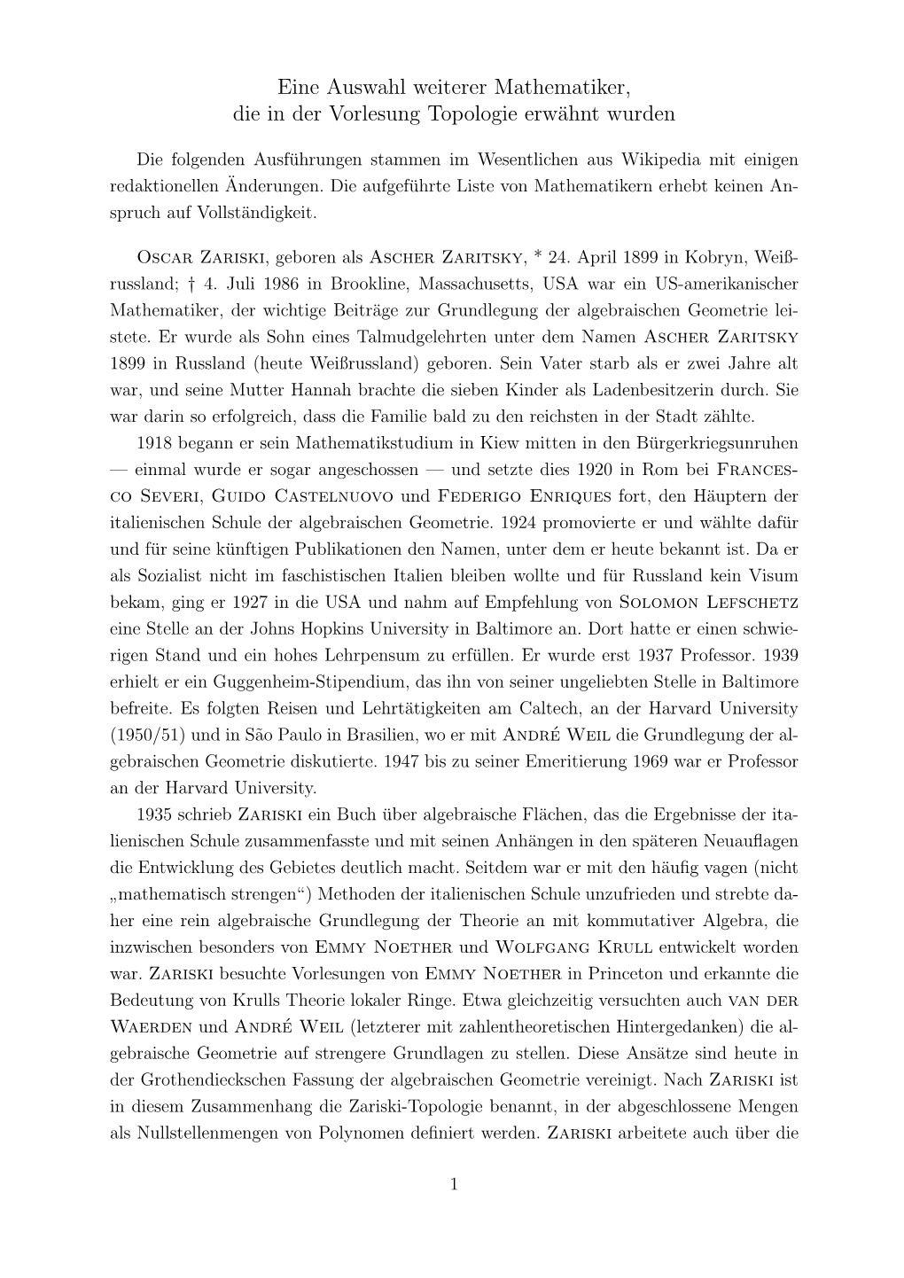 Eine Auswahl Weiterer Mathematiker, Die in Der Vorlesung Topologie Erw¨Ahnt Wurden