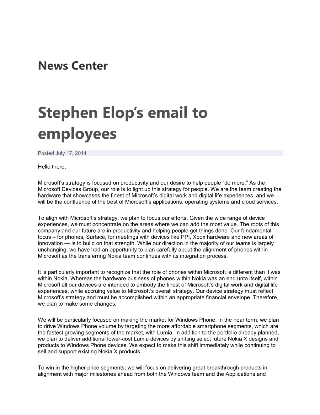 Stephen Elop's Email to Employees
