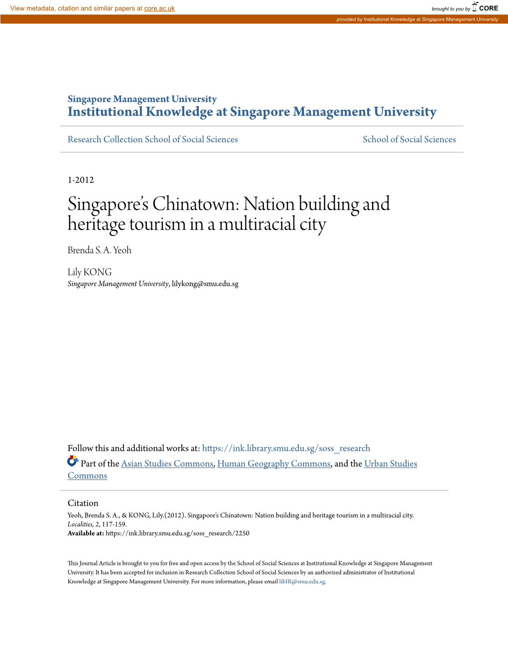 Singapore's Chinatown: a Case Study in Conservation and Promotion” Tourism Management 21 (2000), Pp