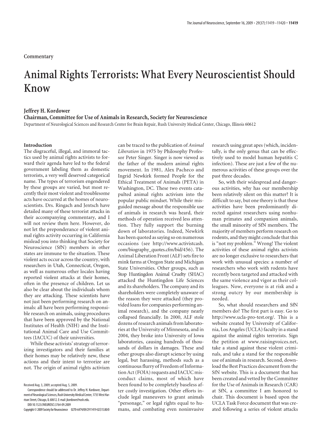 Animal Rights Terrorists: What Every Neuroscientist Should Know