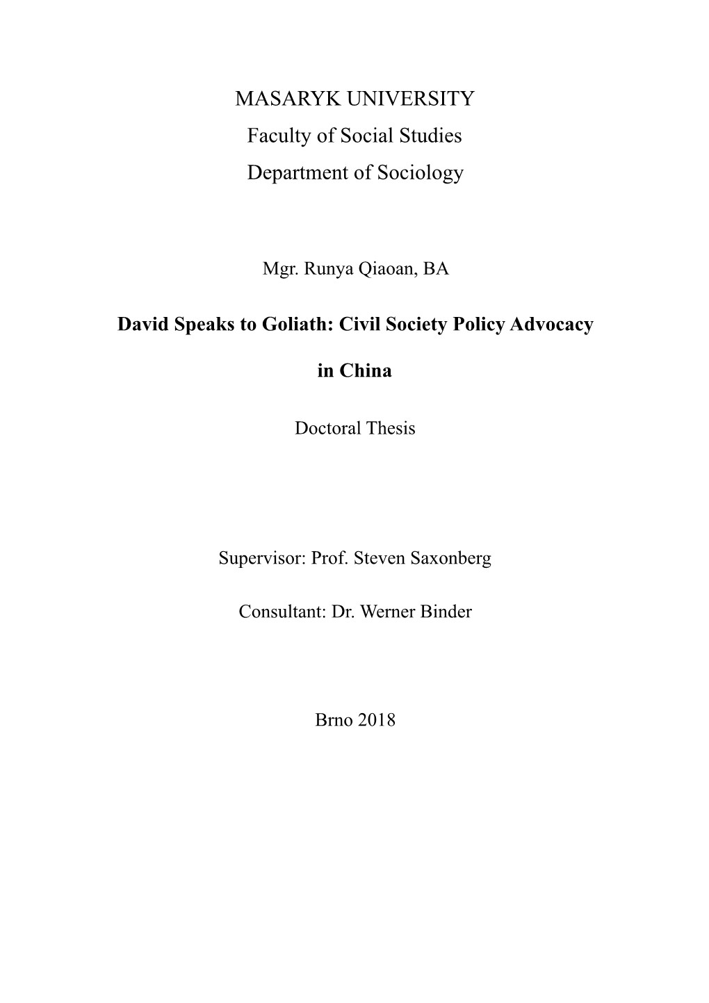 David Speaks to Goliath: Civil Society Policy Advocacy in China