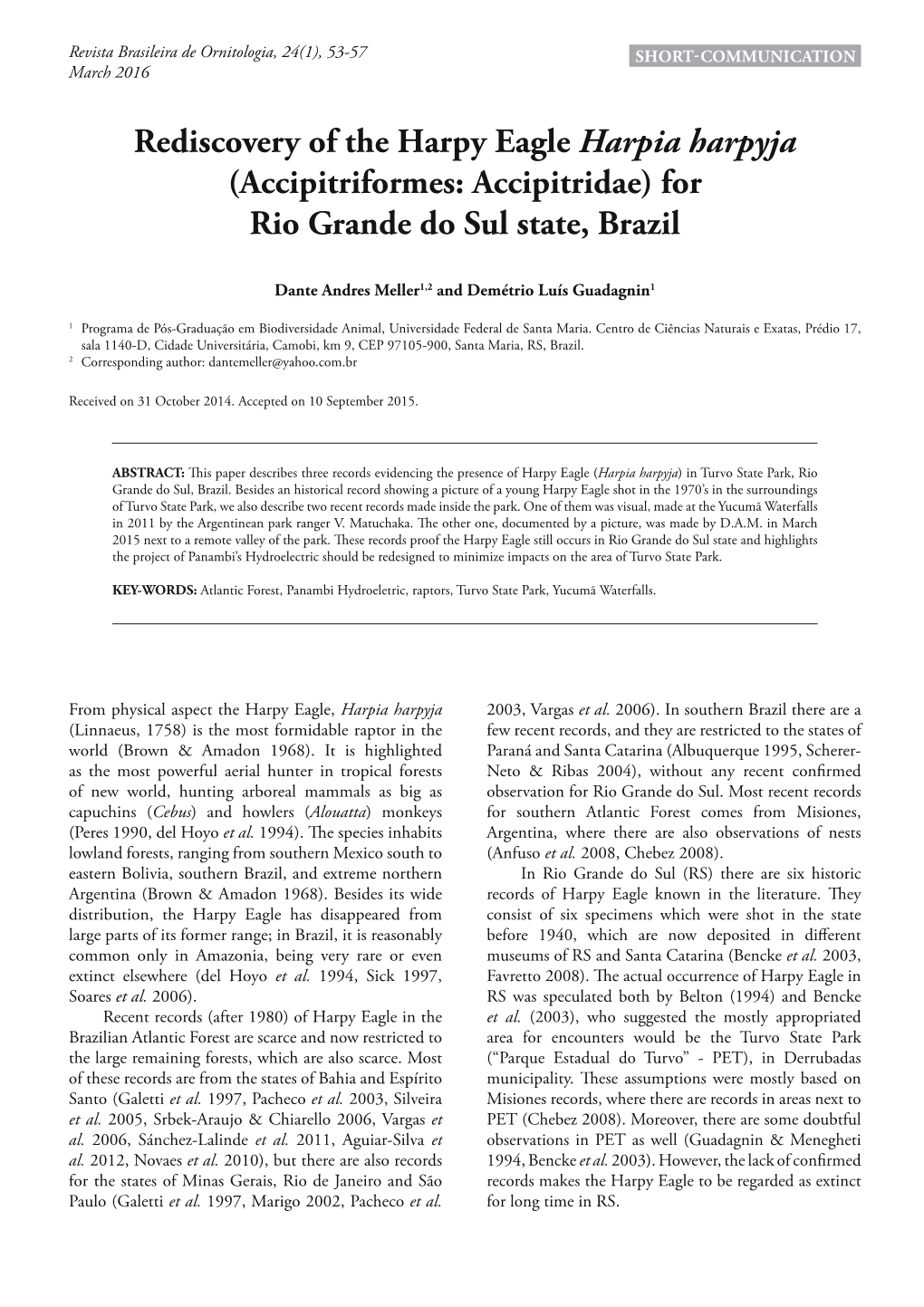 Rediscovery of the Harpy Eagle Harpia Harpyja (Accipitriformes: Accipitridae) for Rio Grande Do Sul State, Brazil