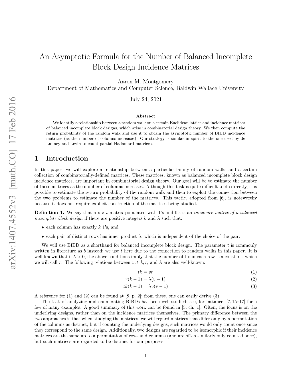 Arxiv:1407.4552V3 [Math.CO] 17 Feb 2016 Tk = Vr (1) R(K − 1) = Λ(V − 1) (2) Tk(K − 1) = Λv(V − 1) (3)