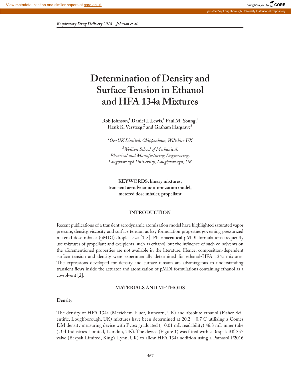 Determination of Density and Surface Tension in Ethanol and HFA 134A Mixtures