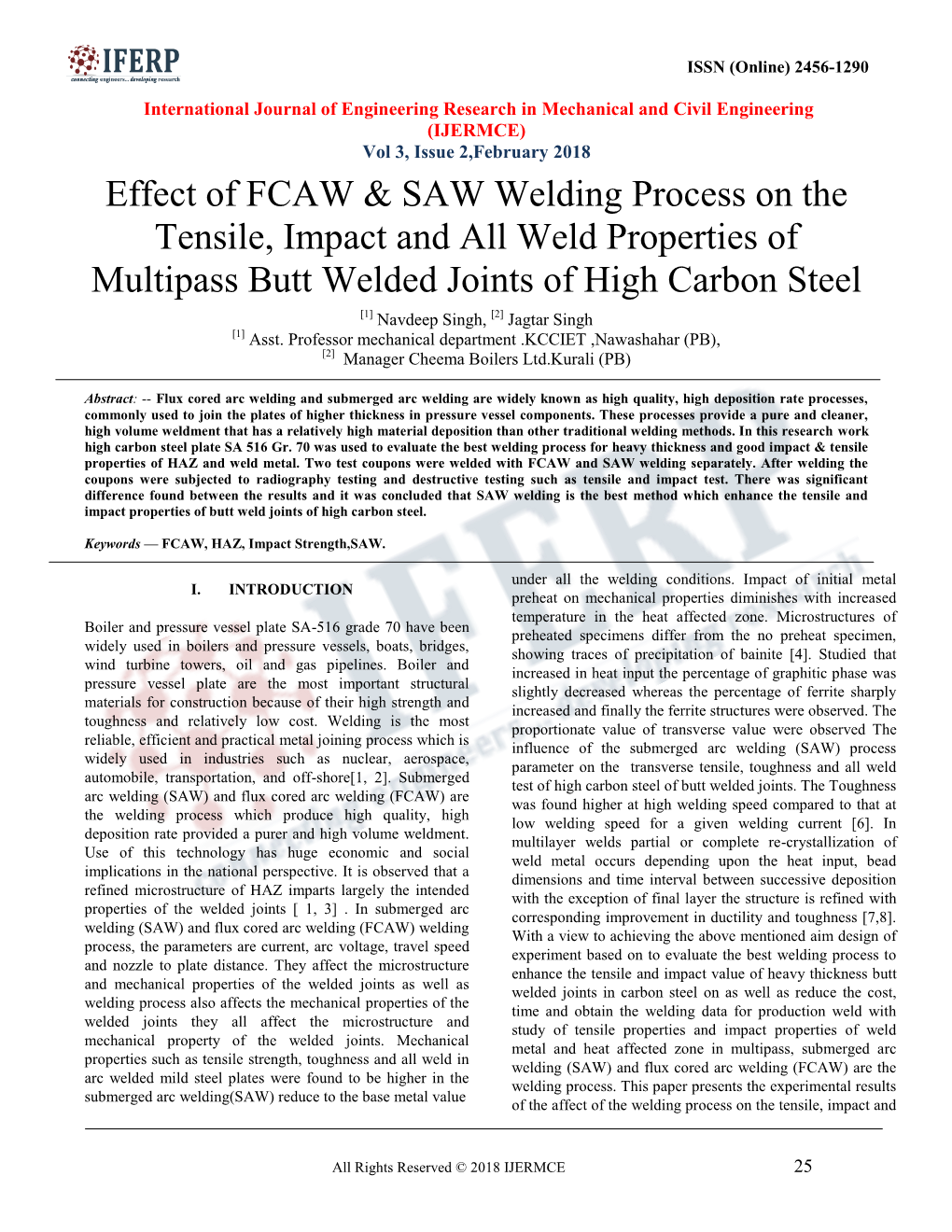 Effect of FCAW & SAW Welding Process on the Tensile, Impact And