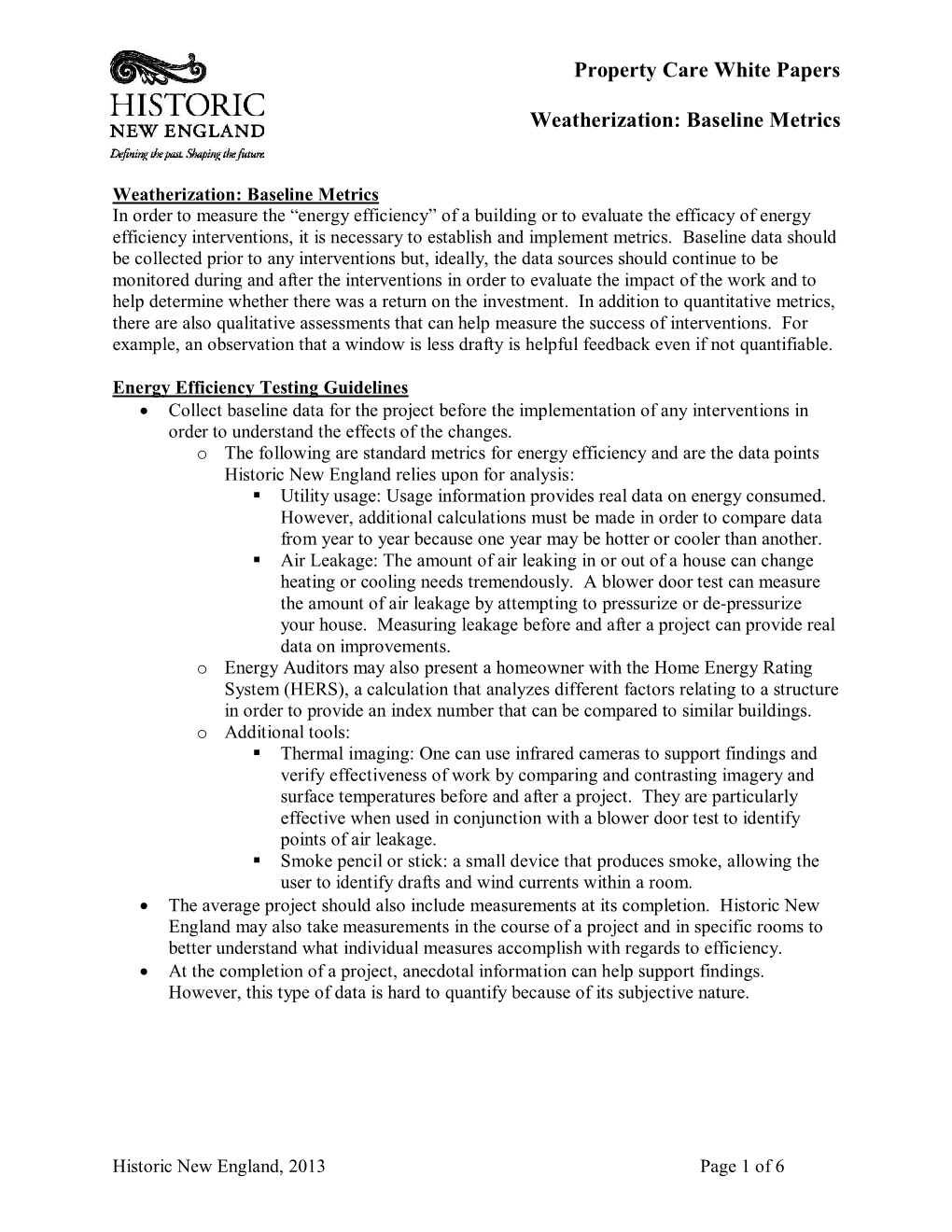 Property Care White Papers Weatherization: Baseline Metrics