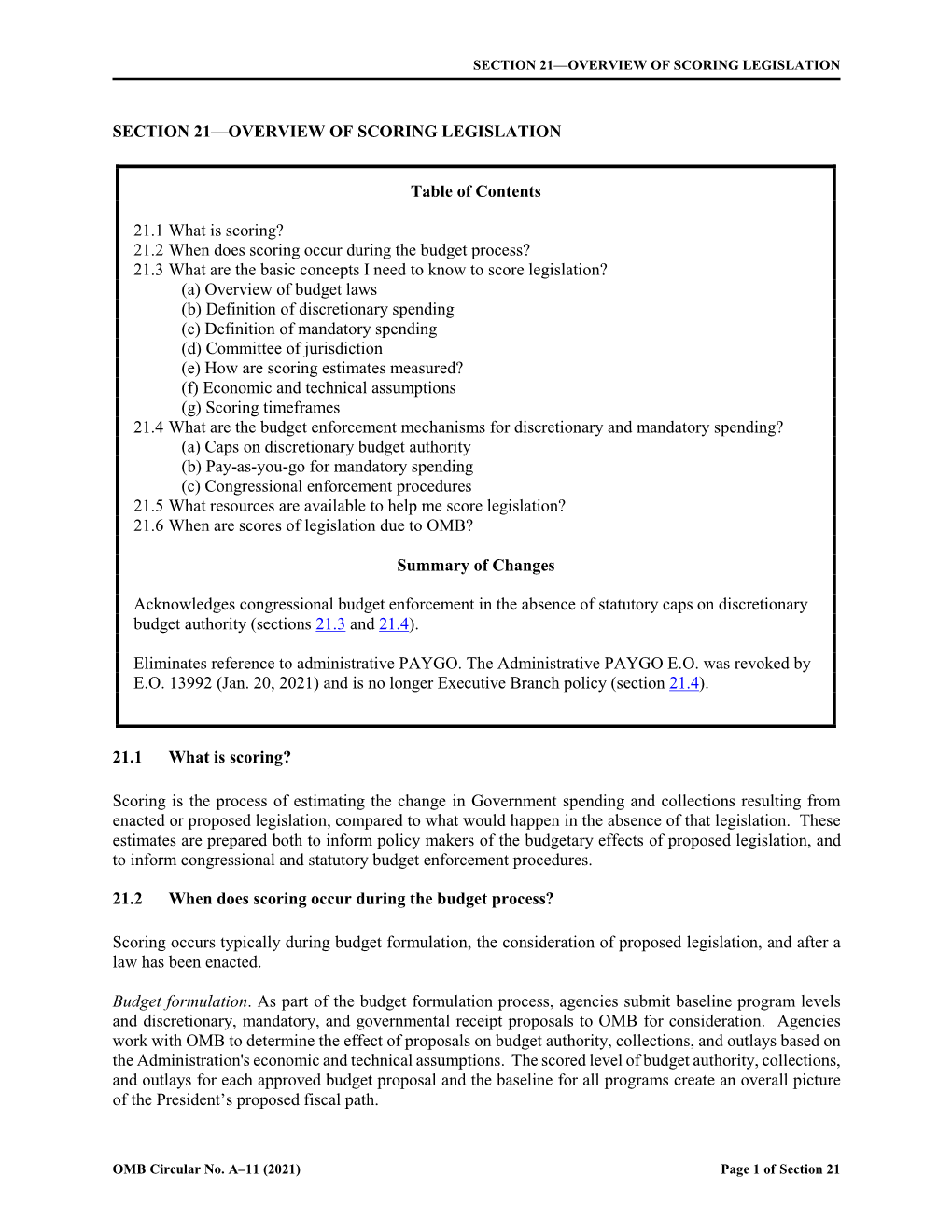 Section 21—Overview of Scoring Legislation Omb