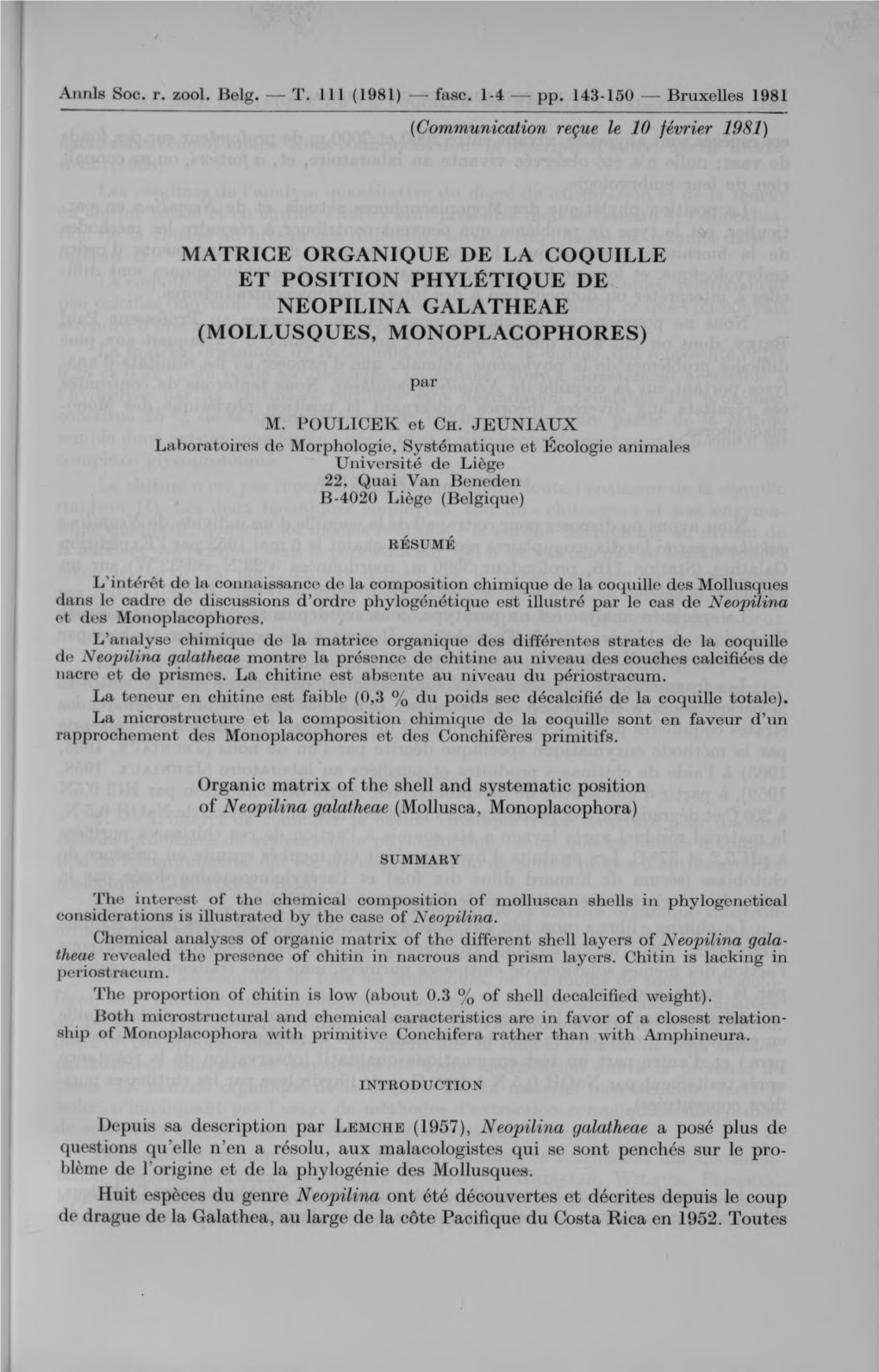 Matrice Organique De La Coquille Et Position Phylétique De Neopilina Galatheae (Mollusques, Monoplacophores)
