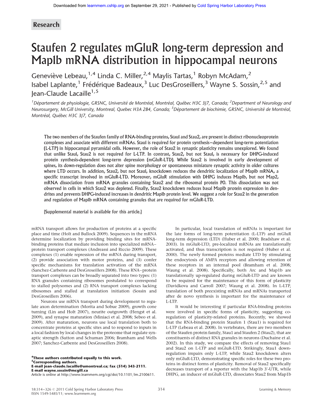 Staufen 2 Regulates Mglur Long-Term Depression and Map1b Mrna Distribution in Hippocampal Neurons