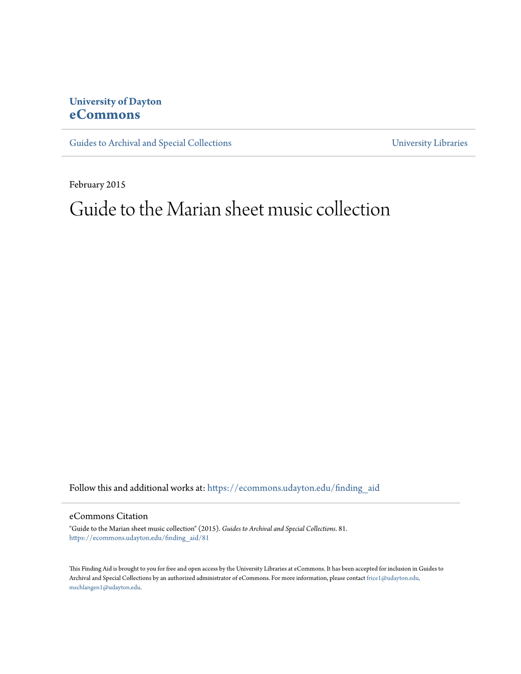 Guide to the Marian Sheet Music Collection