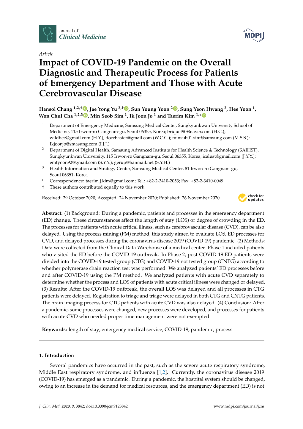 Impact of COVID-19 Pandemic on the Overall Diagnostic and Therapeutic Process for Patients of Emergency Department and Those with Acute Cerebrovascular Disease