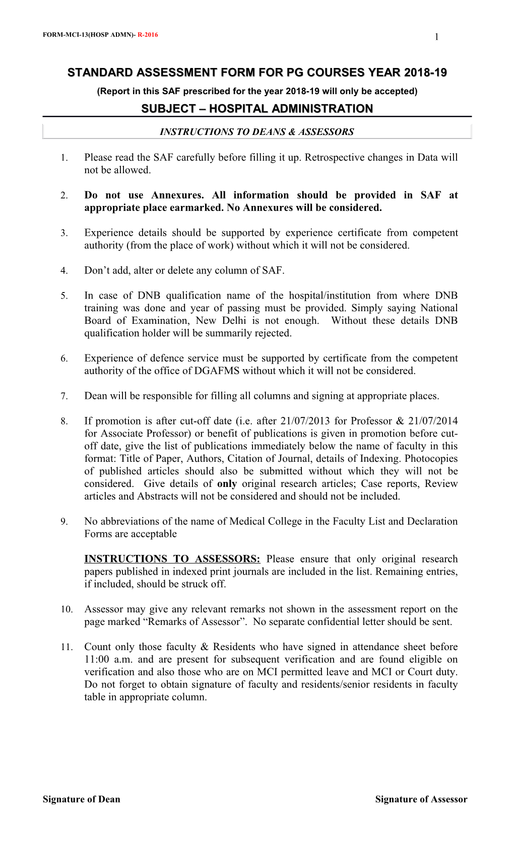 Standard Assessment Form for Pg Courses Year 2018-19