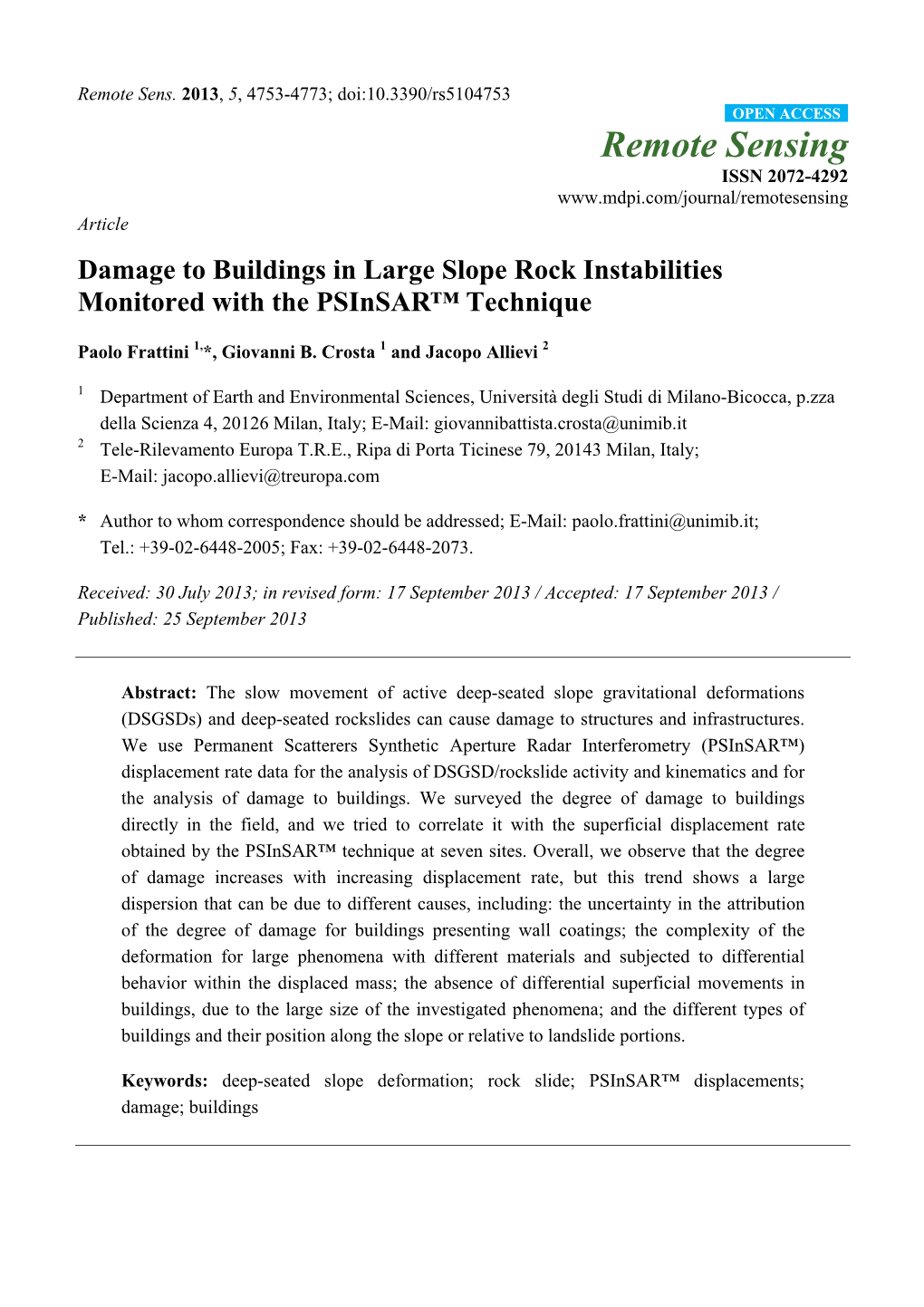 Damage to Buildings in Large Slope Rock Instabilities Monitored with the Psinsar™ Technique