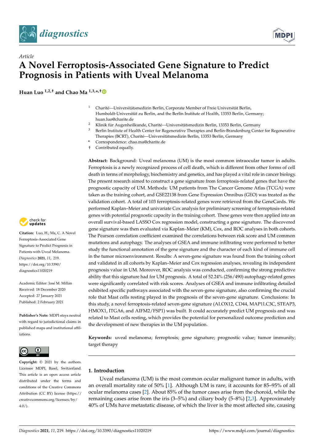 A Novel Ferroptosis-Associated Gene Signature to Predict Prognosis in Patients with Uveal Melanoma