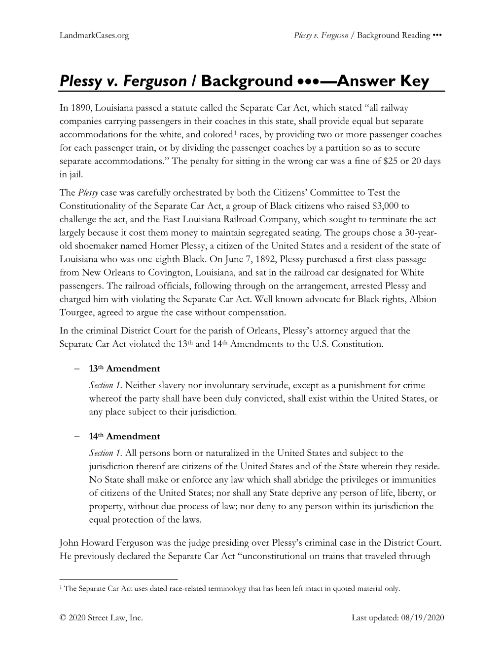 Plessy V. Ferguson / Background •••—Answer Key