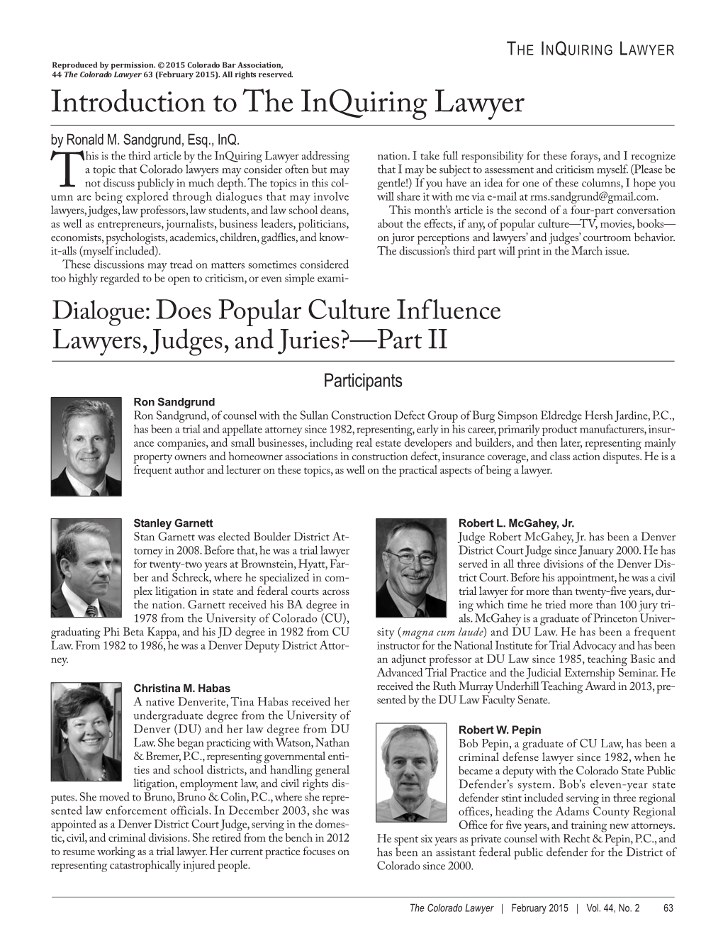 Part II 44 Colorado Lawyer 63 (February 2015)