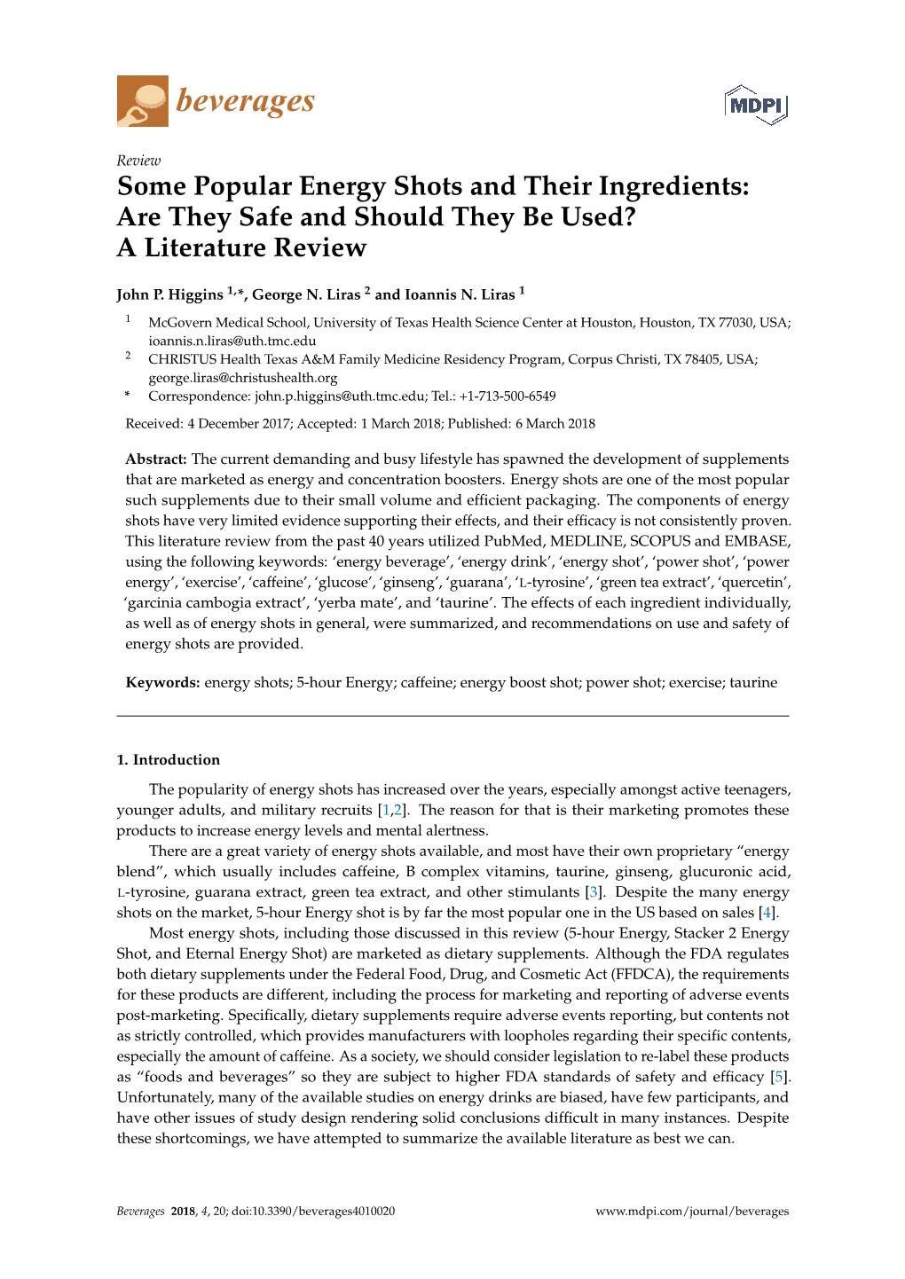 Some Popular Energy Shots and Their Ingredients: Are They Safe and Should They Be Used? a Literature Review