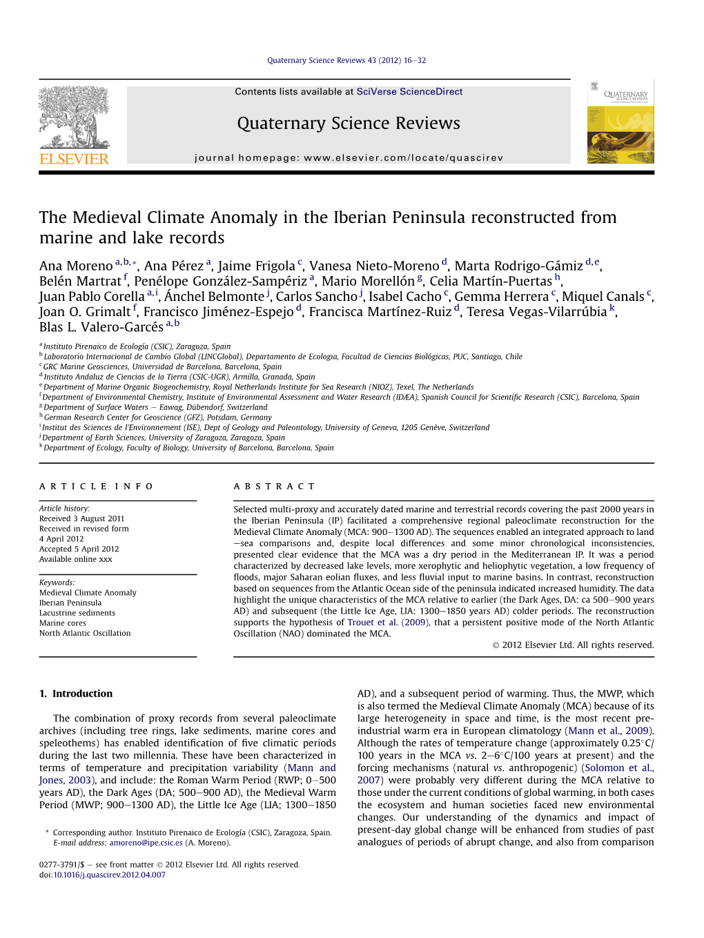 The Medieval Climate Anomaly in the Iberian Peninsula Reconstructed from Marine and Lake Records