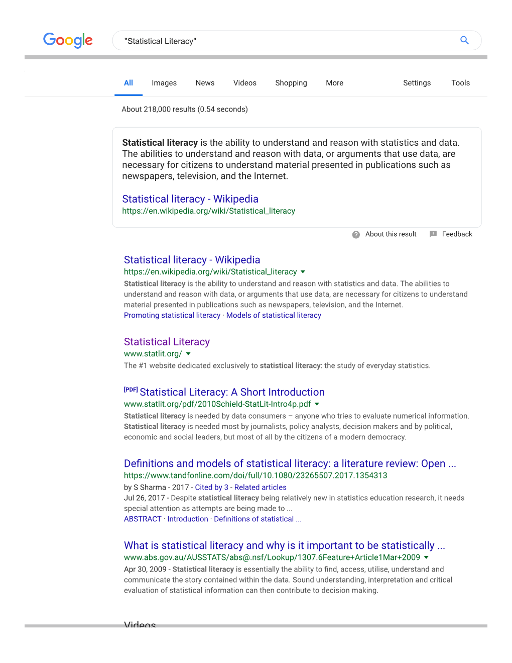 Google 2018 Search Results for Phrase Statistical Literacy