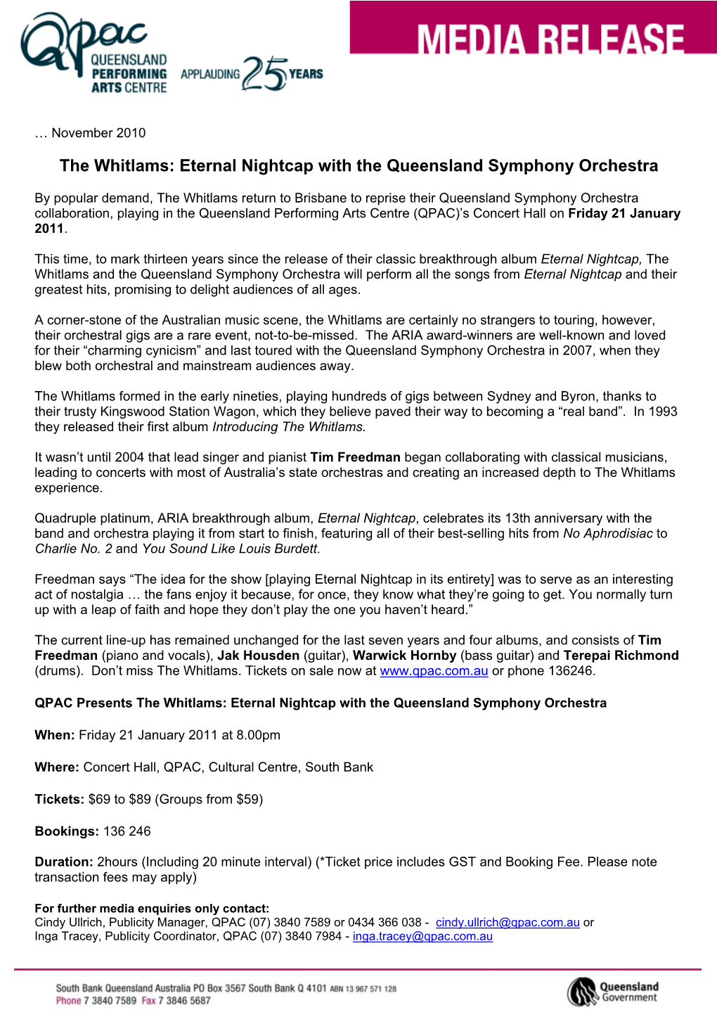The Whitlams: Eternal Nightcap with the Queensland Symphony Orchestra