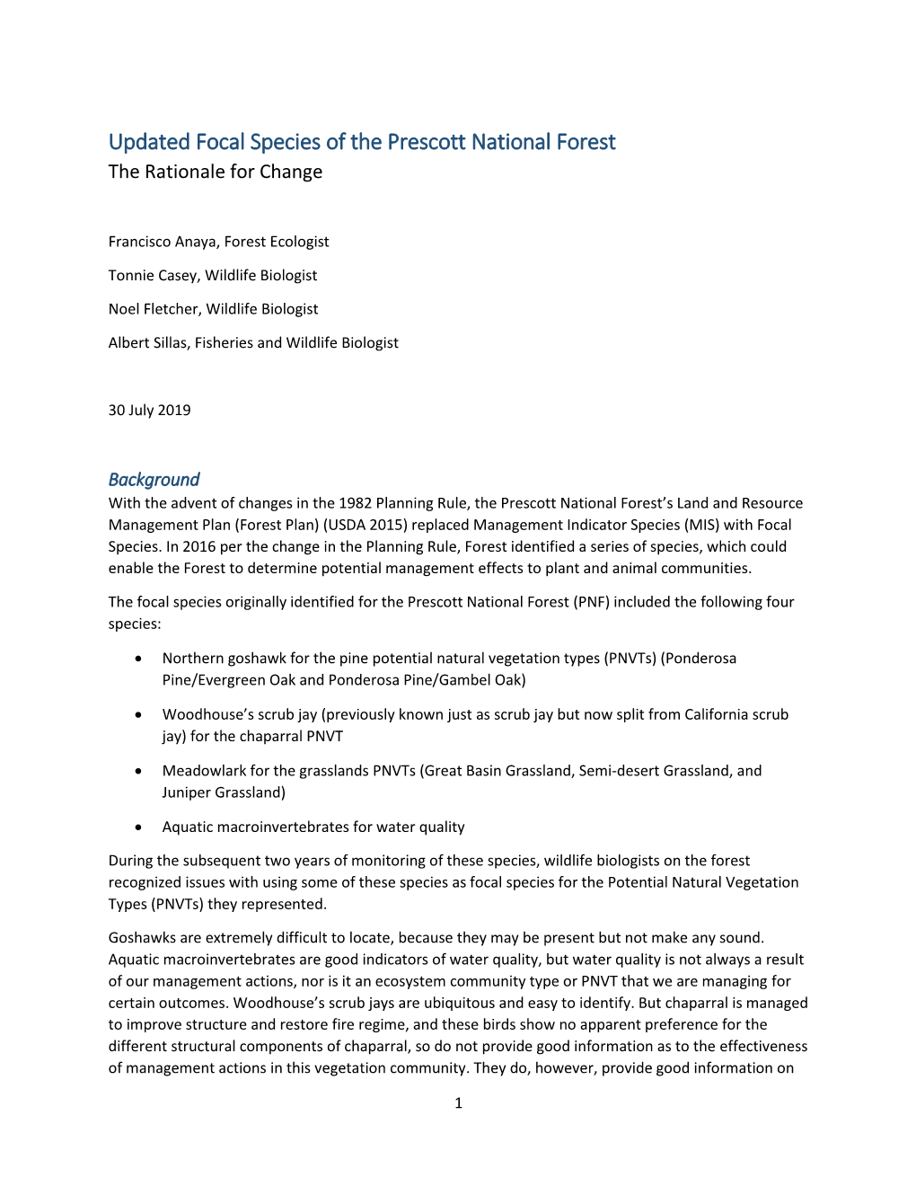 Updated Focal Species of the Prescott National Forest the Rationale for Change