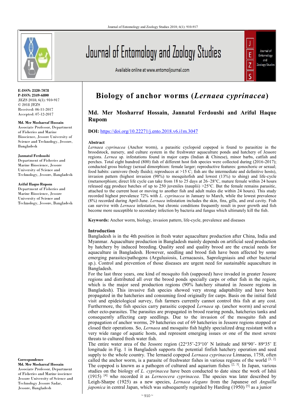 Biology of Anchor Worms (Lernaea Cyprinacea )