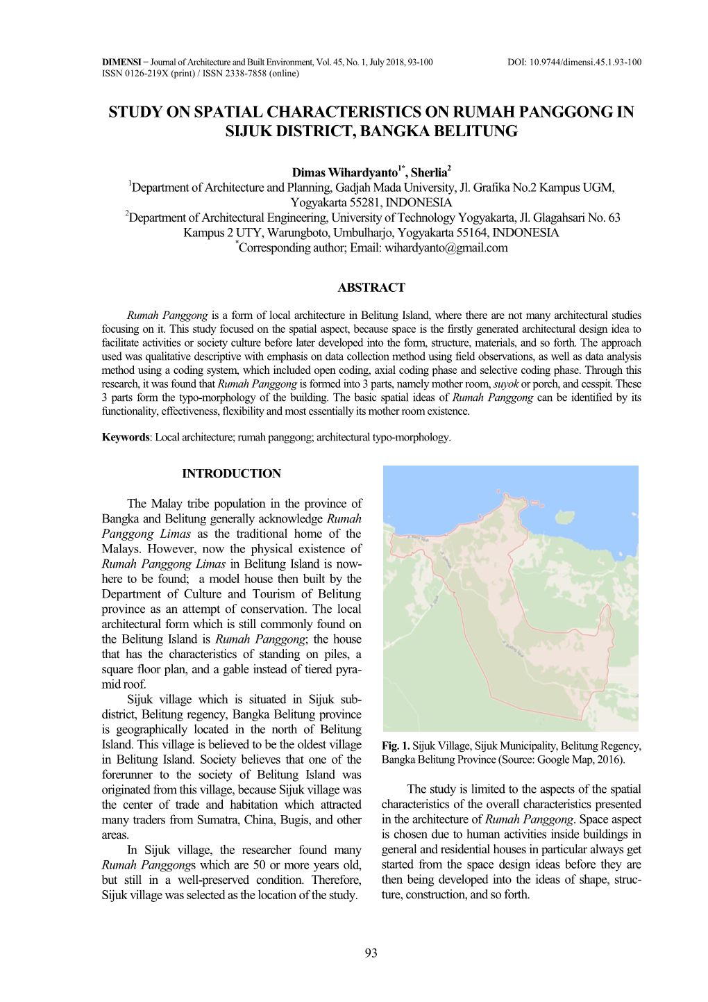 Study on Spatial Characteristics on Rumah Panggong in Sijuk District, Bangka Belitung