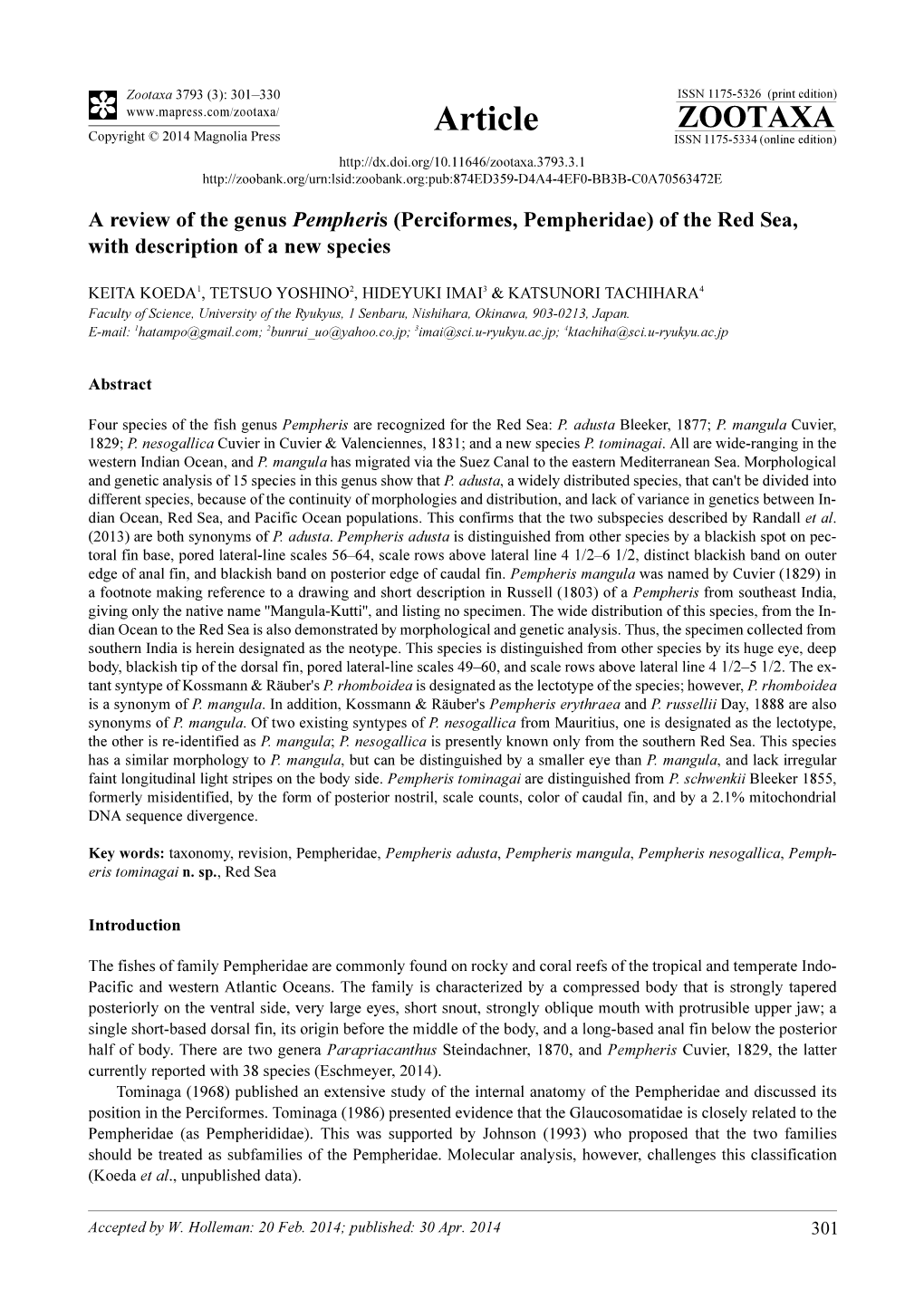 A Review of the Genus Pempheris (Perciformes, Pempheridae) of the Red Sea, with Description of a New Species