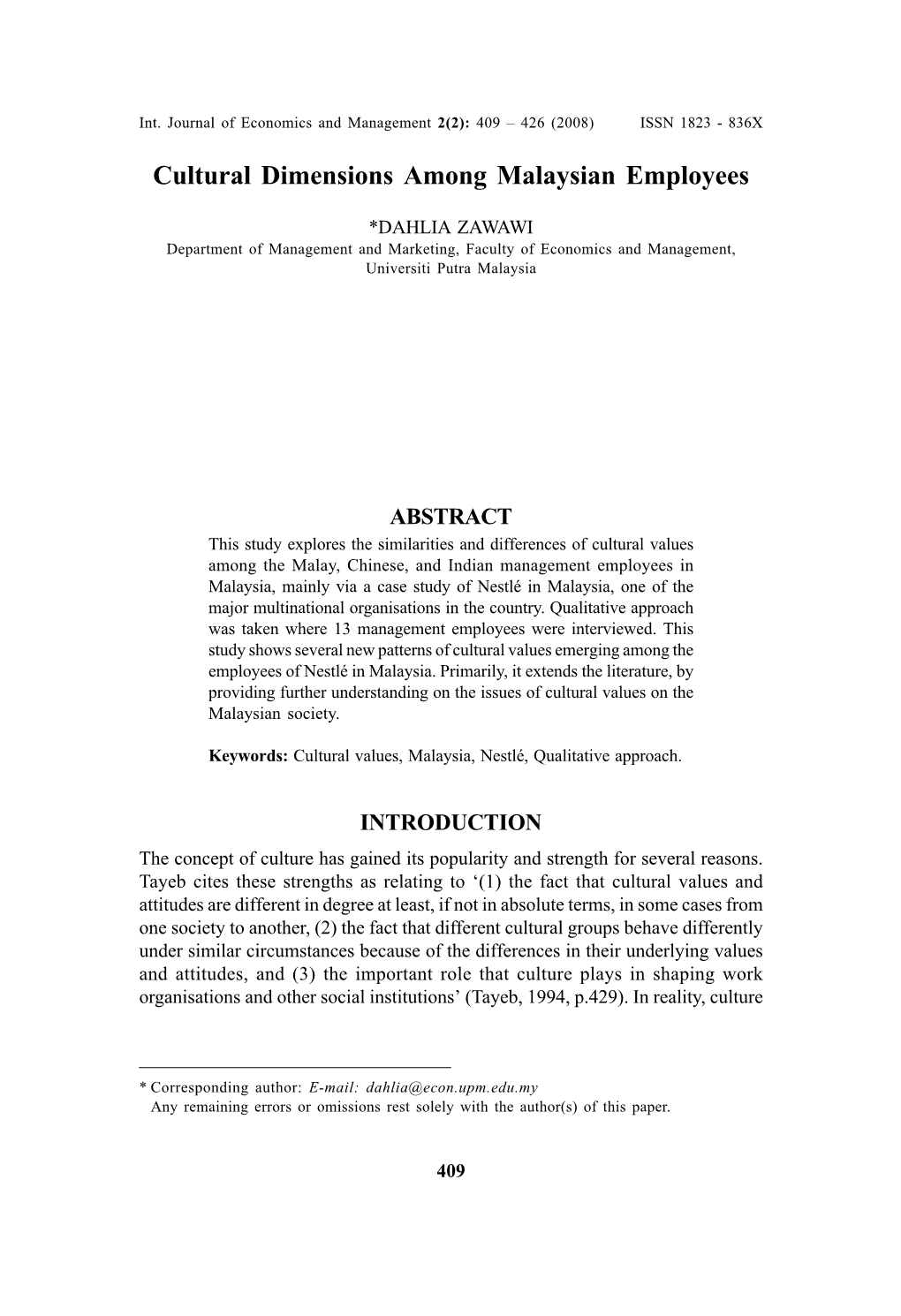 Cultural Dimensions Among Malaysian Employees