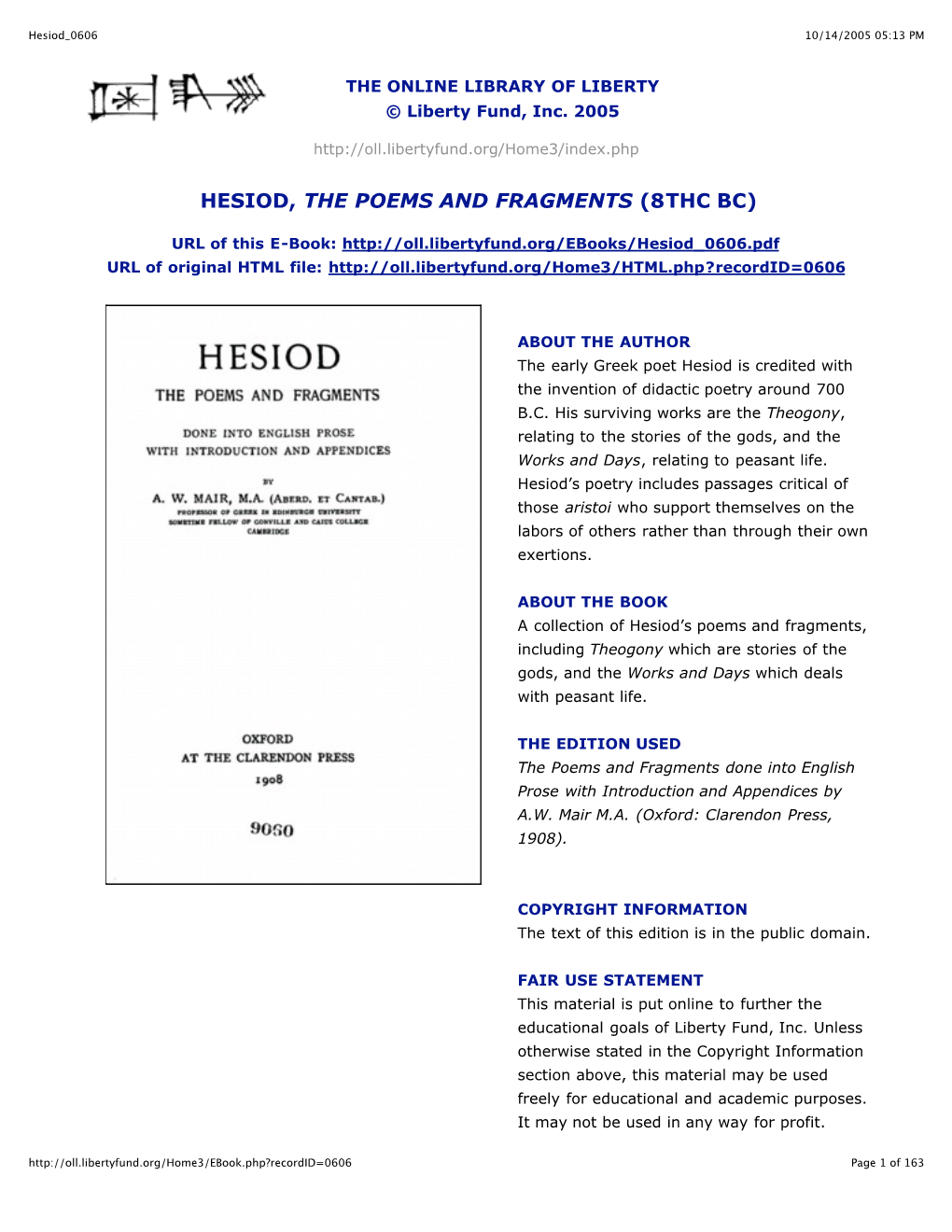 Hesiod, the Poems and Fragments (8Thc Bc)