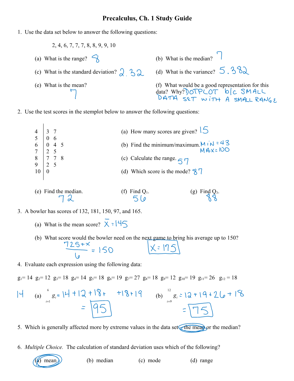 1. Use the Data Set Below to Answer the Following Questions