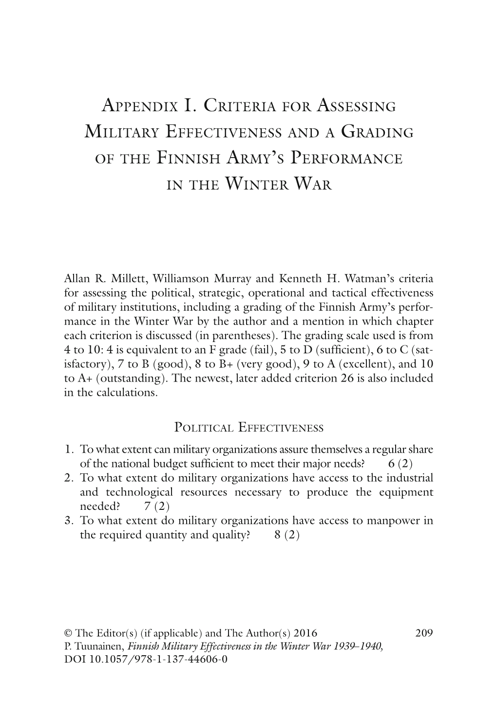 Appendix I. Criteria for Assessing Military Effectiveness and a Grading of the Finnish Army’S Performance in the Winter War