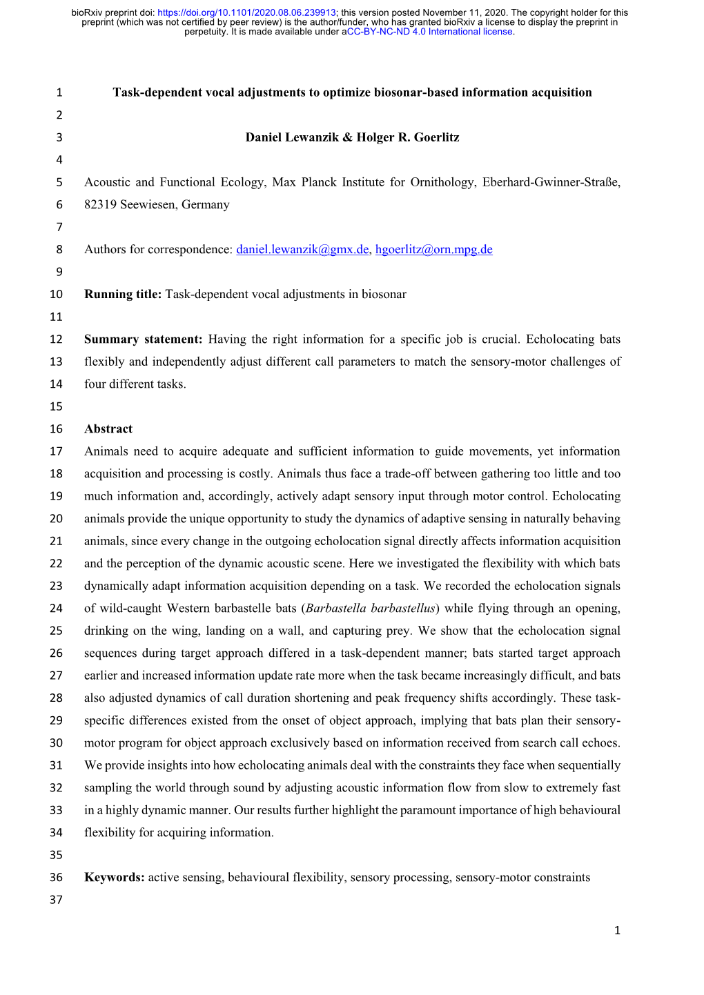 Task-Dependent Vocal Adjustments to Optimize Biosonar-Based Information Acquisition 2 3 Daniel Lewanzik & Holger R