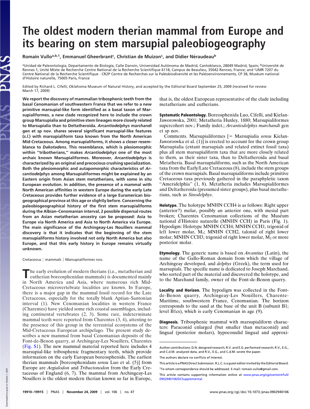 The Oldest Modern Therian Mammal from Europe and Its Bearing on Stem Marsupial Paleobiogeography