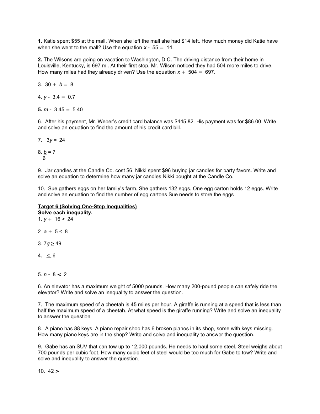 Target 6 (Solving One-Step Inequalities)