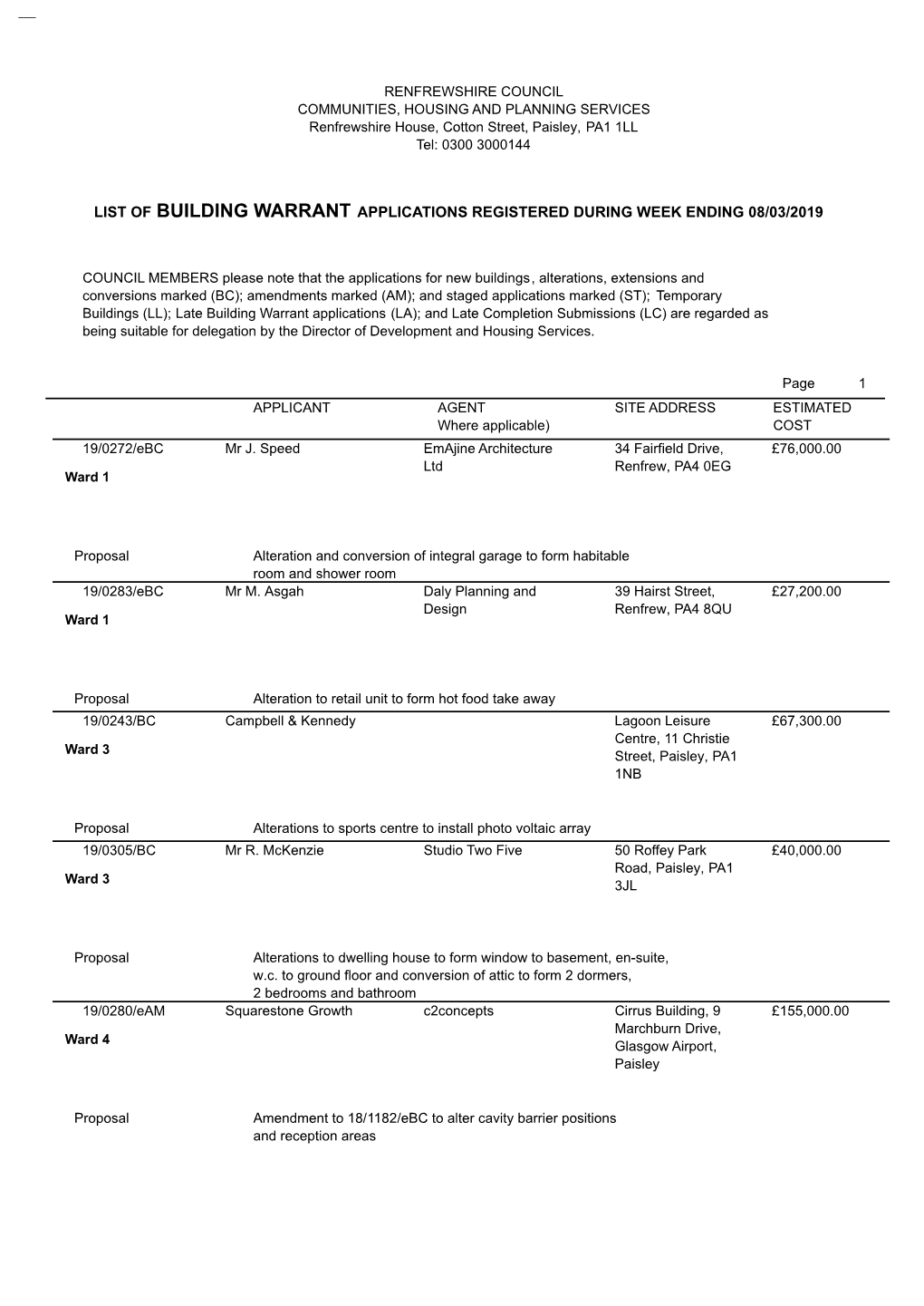 List of Building Warrant Applications Registered During Week Ending 08/03/2019