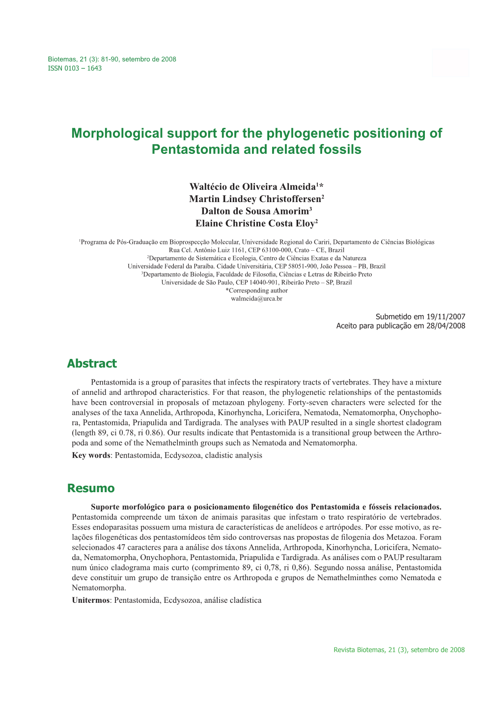 Morphological Support for the Phylogenetic Positioning of Pentastomida and Related Fossils