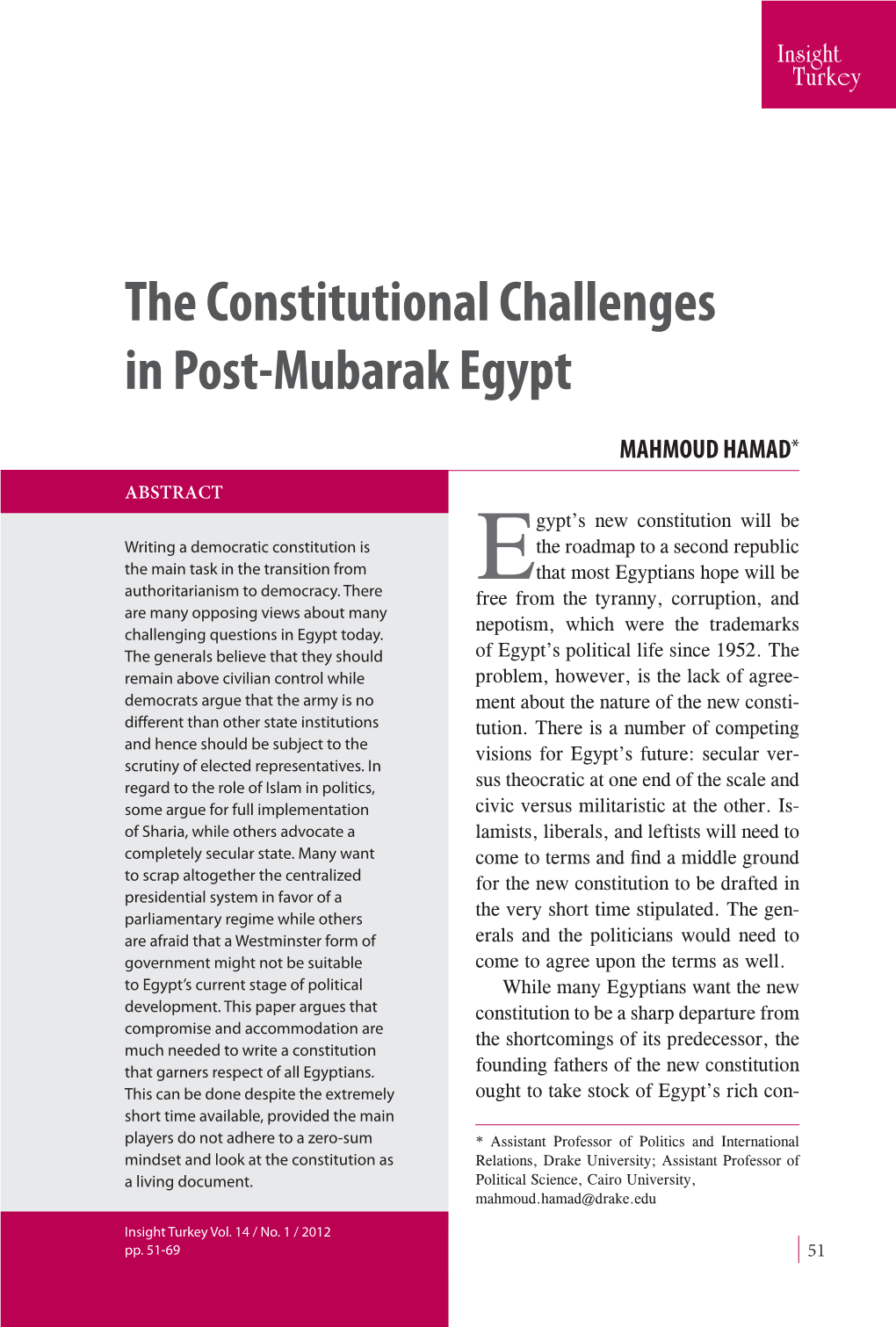 The Constitutional Challenges in Post-Mubarak Egypt