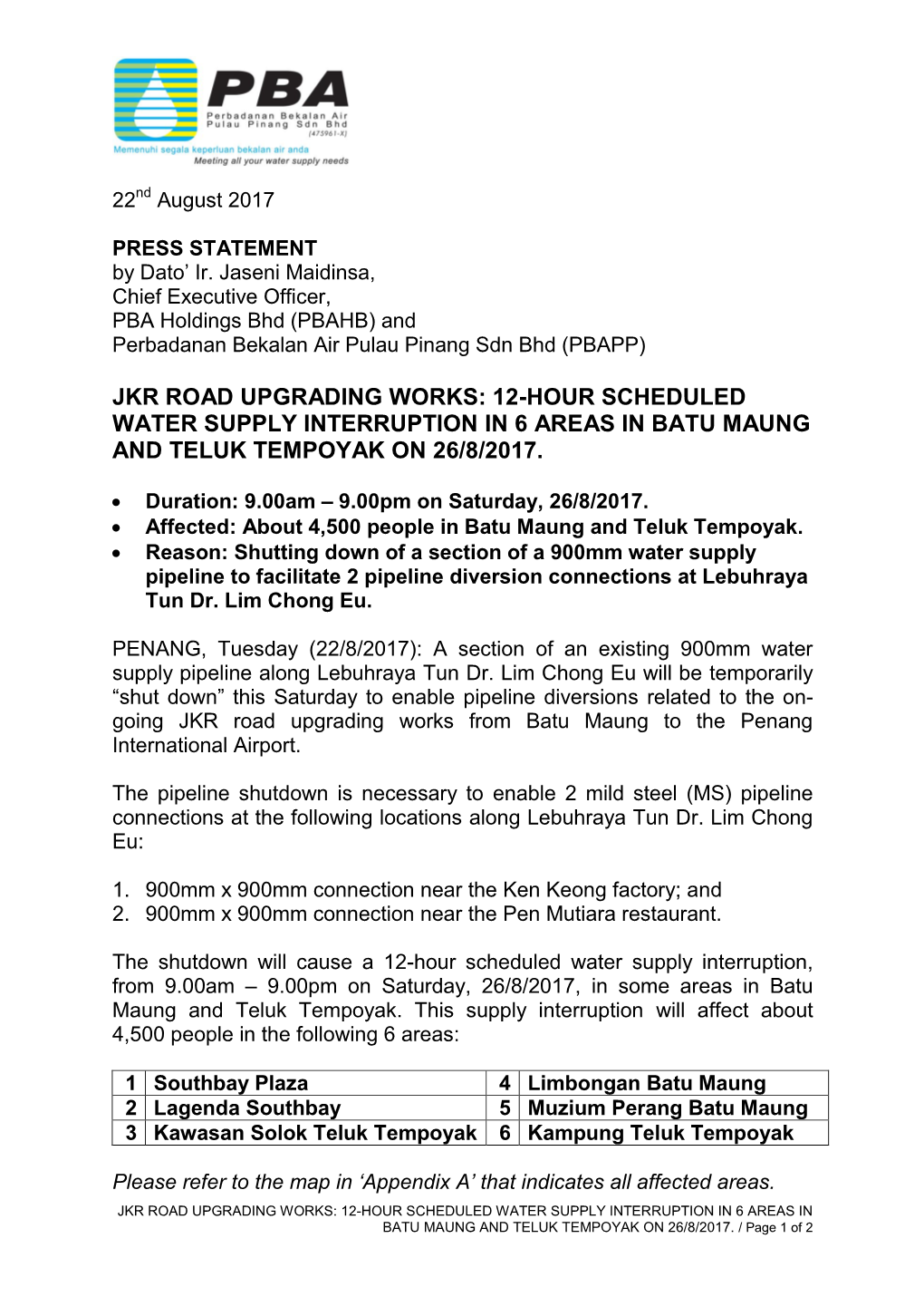 Jkr Road Upgrading Works: 12-Hour Scheduled Water Supply Interruption in 6 Areas in Batu Maung and Teluk Tempoyak on 26/8/2017