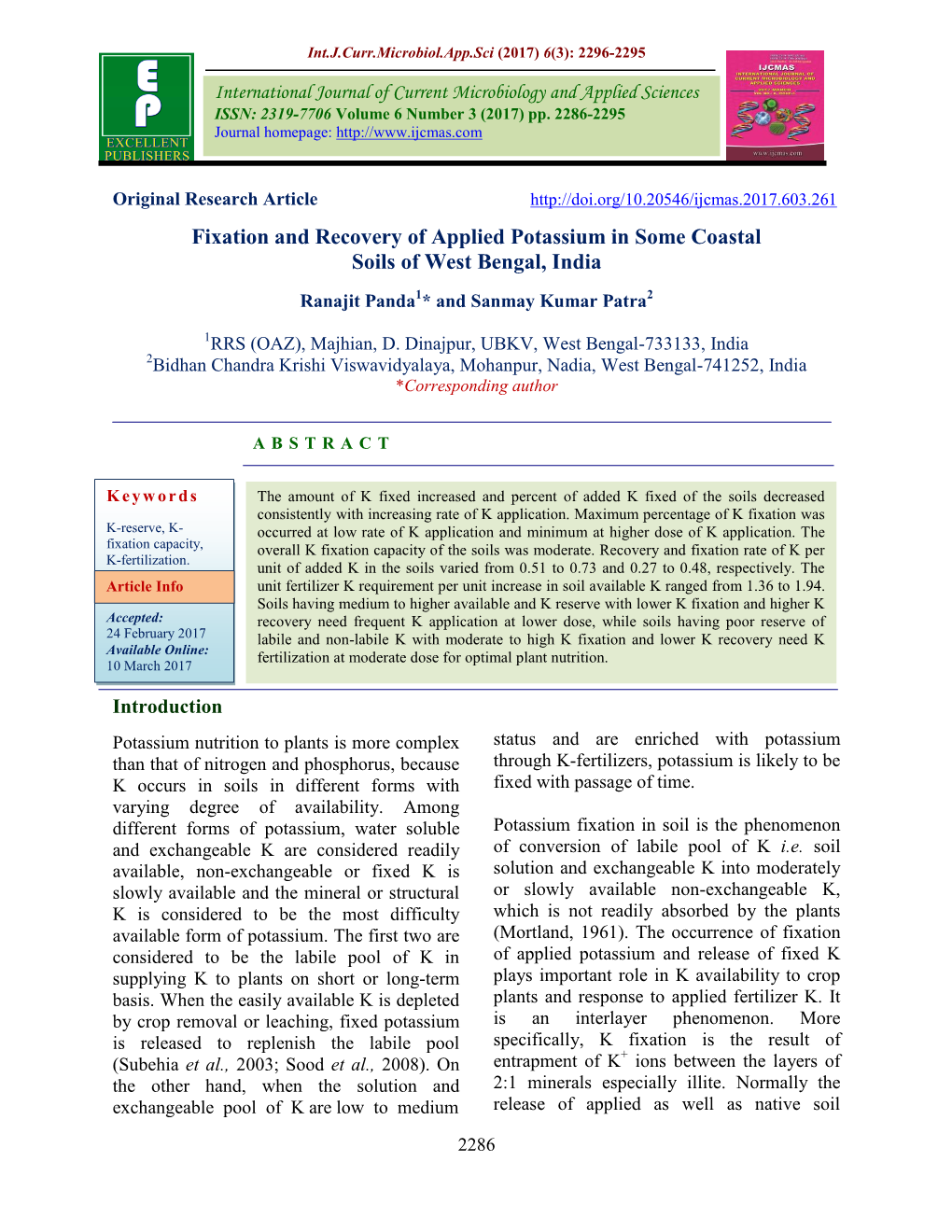 Fixation and Recovery of Applied Potassium in Some Coastal Soils of West Bengal, India