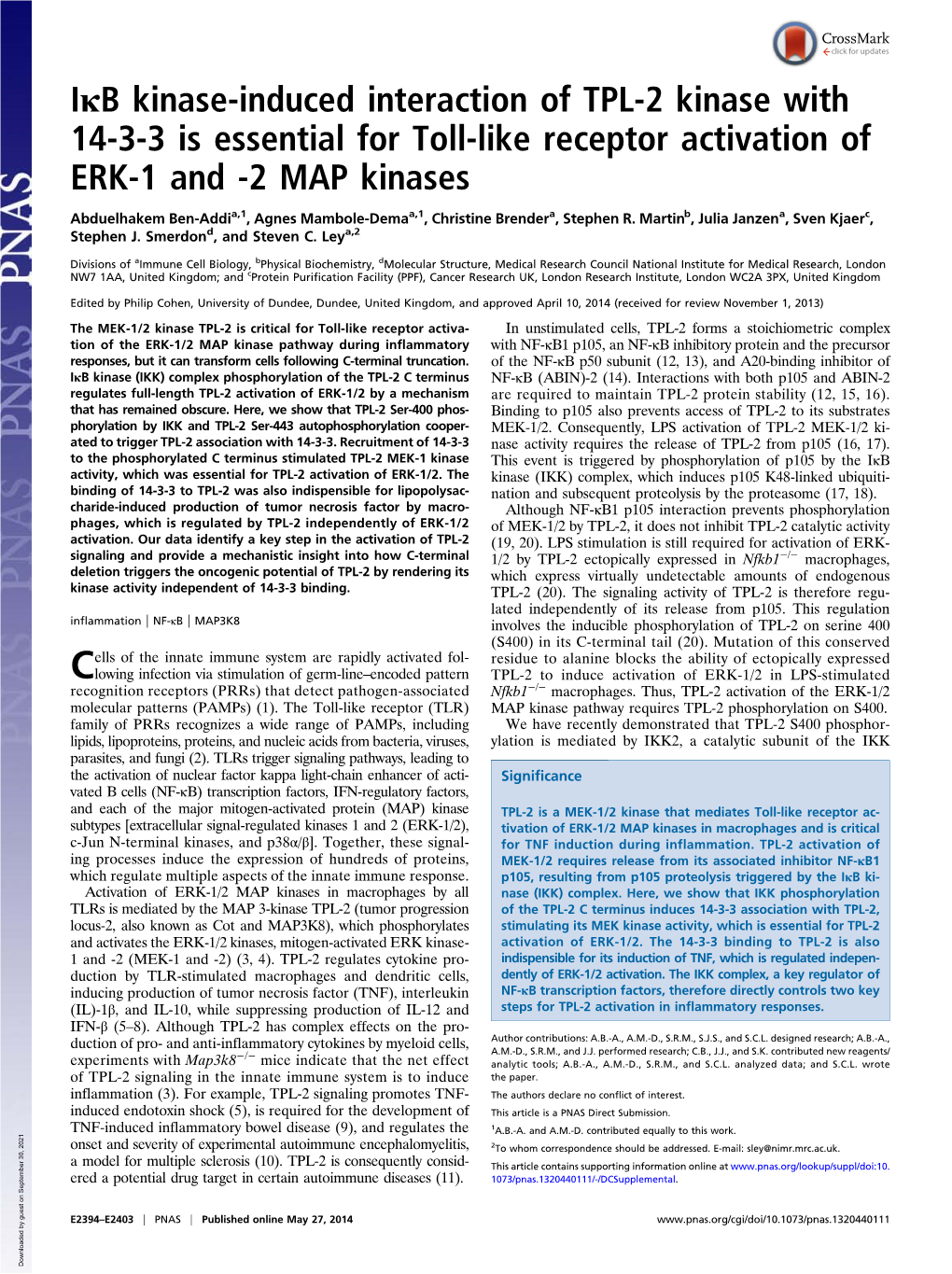 Iκb Kinase-Induced Interaction of TPL-2 Kinase with 14-3-3 Is Essential for Toll-Like Receptor Activation of ERK-1 and -2 MAP Kinases