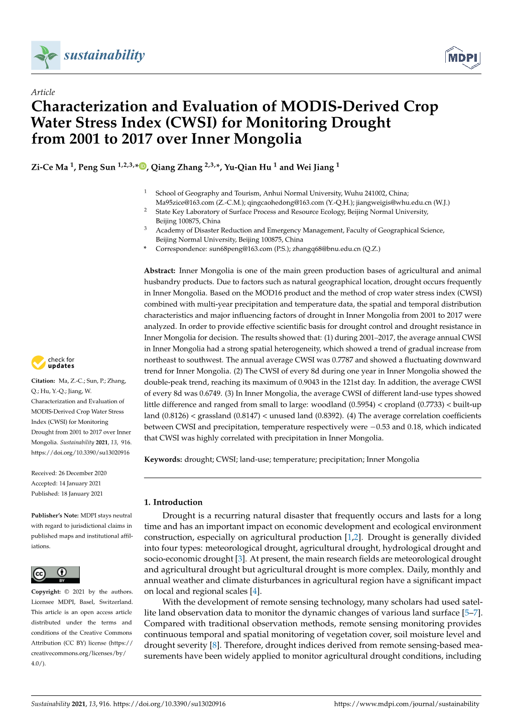 CWSI) for Monitoring Drought from 2001 to 2017 Over Inner Mongolia