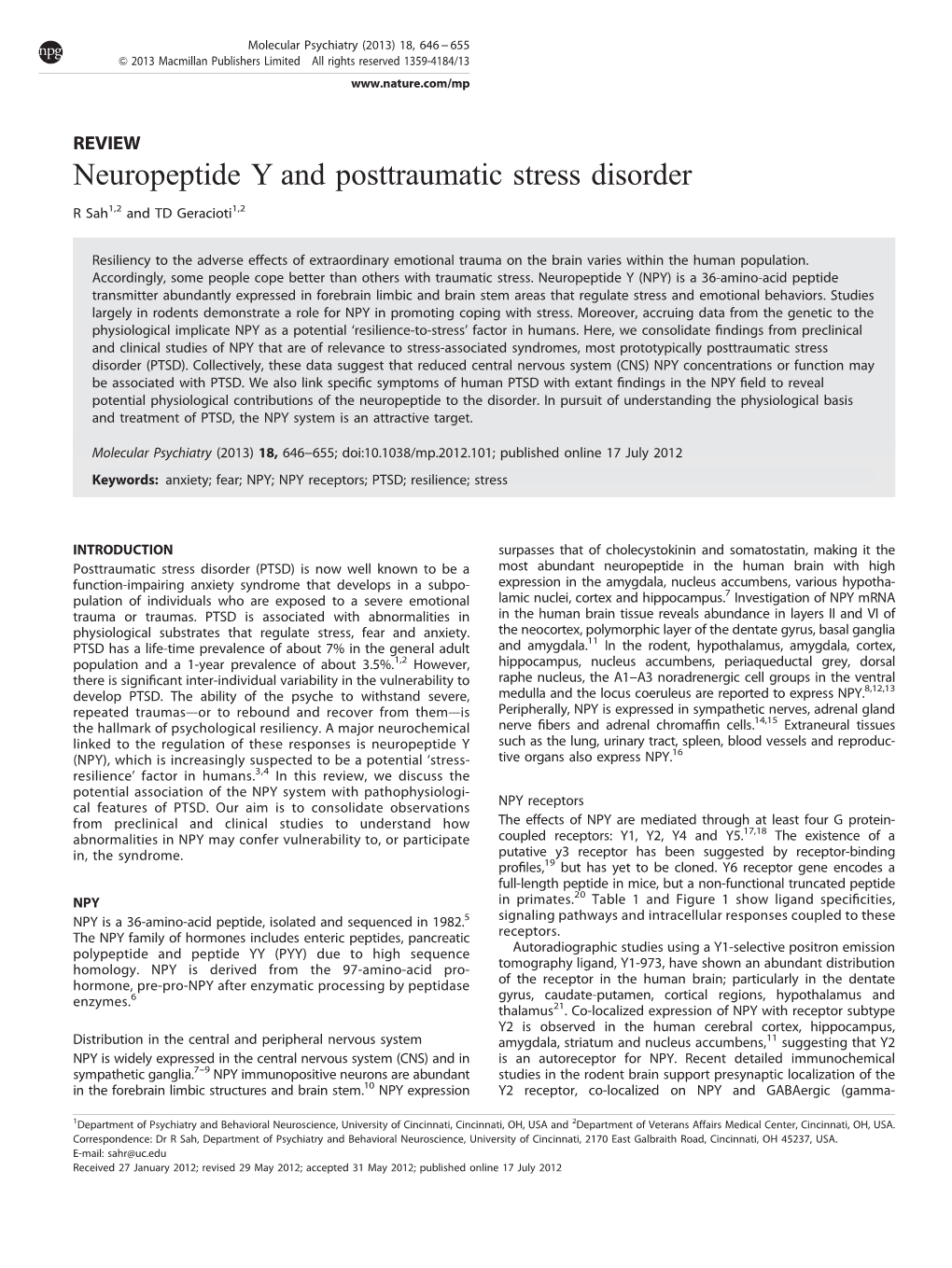 Neuropeptide Y and Posttraumatic Stress Disorder