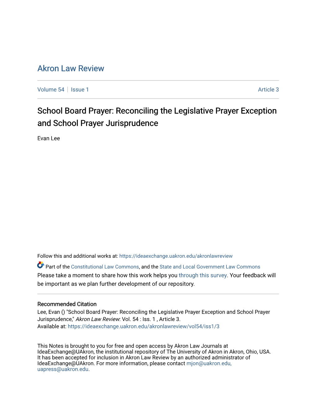 School Board Prayer: Reconciling the Legislative Prayer Exception and School Prayer Jurisprudence