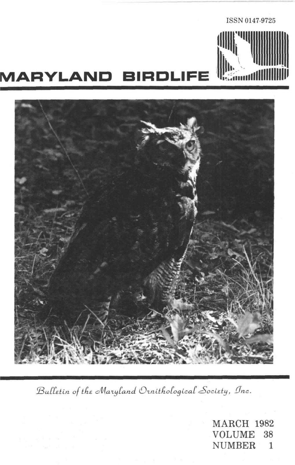 March 1982 Volume 38 Number 1 Maryland Ornithological Society, Inc