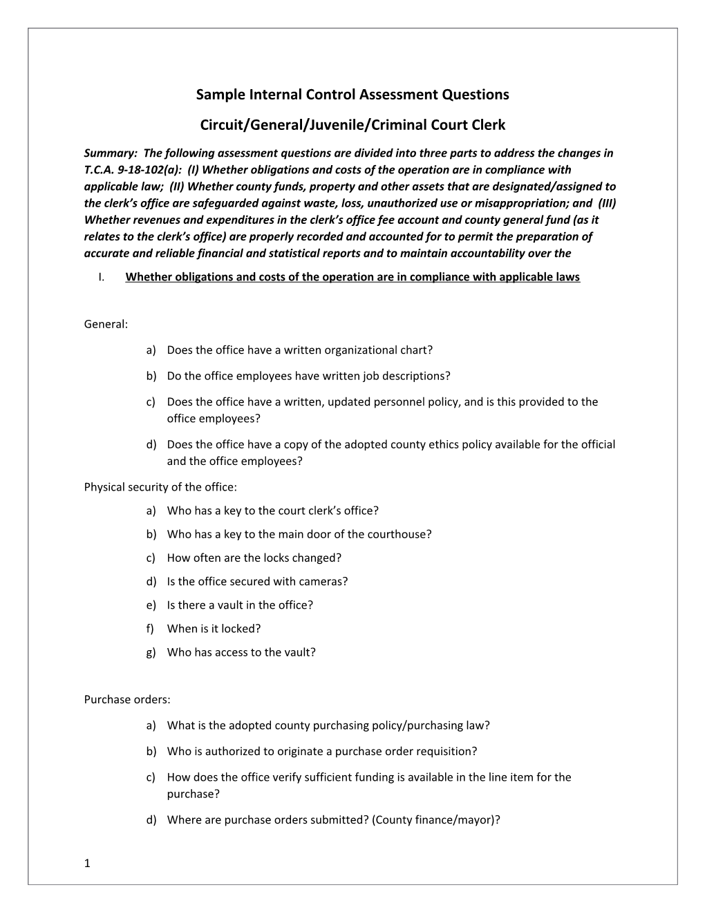 Sample Internal Control Assessment Questions