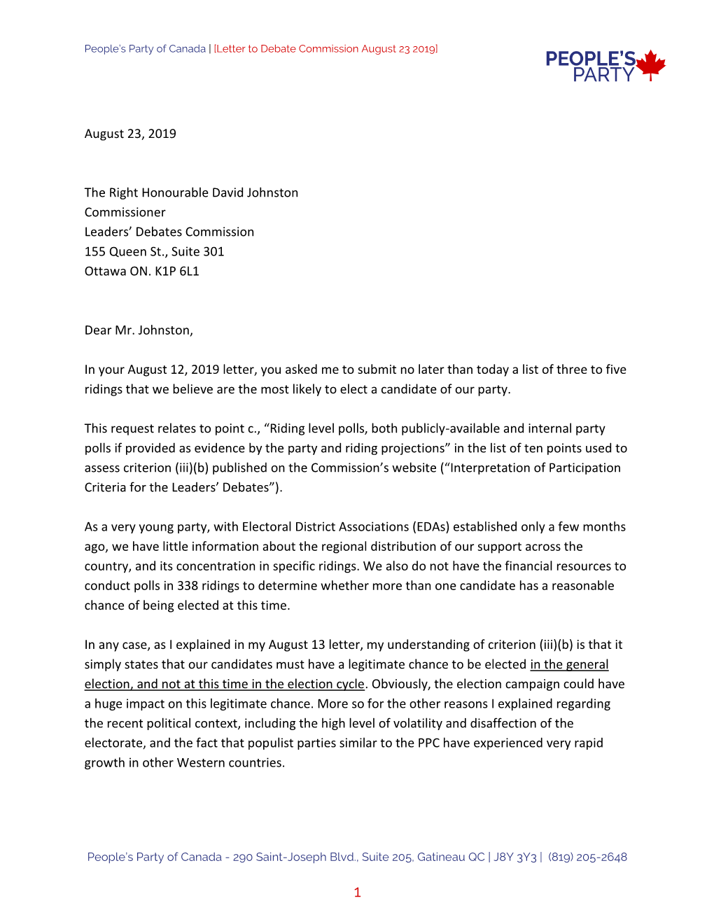 Letter to Debate Commission August 23, 2019